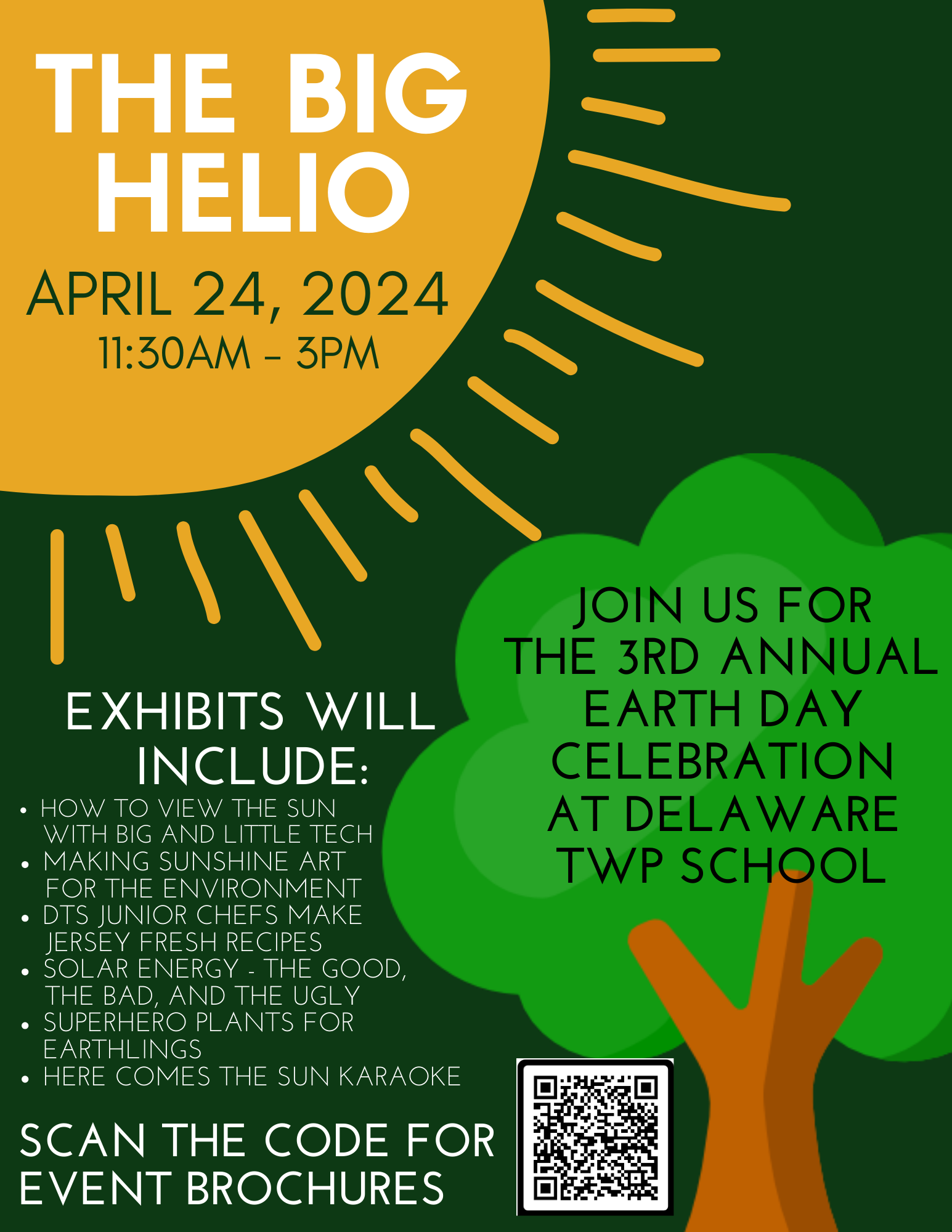 Earth Day Event flyer with a dark green background and a cartoon image of a sun in the upper left corner, and a tree in the lower right. On the tree and sun are details about the event.