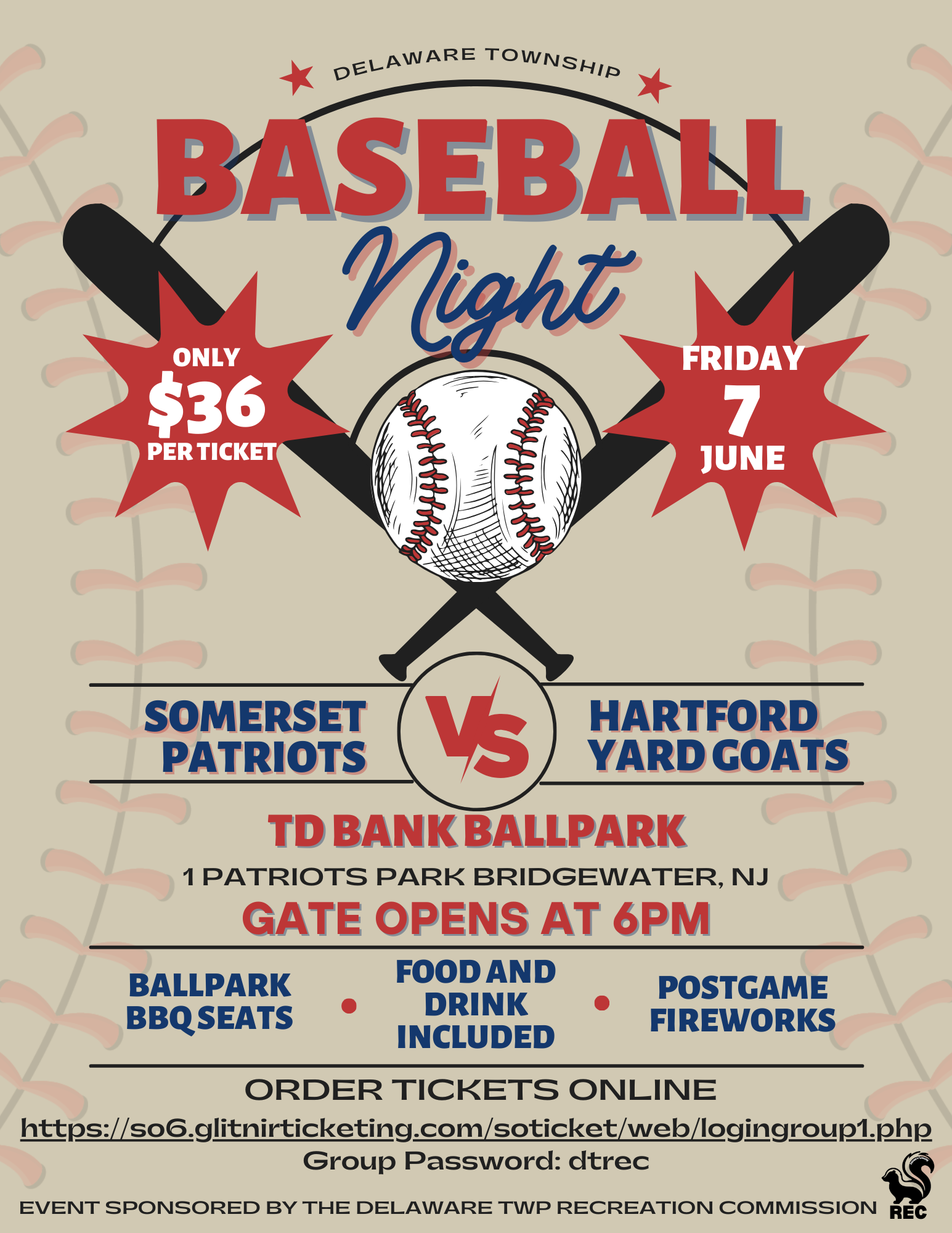 Patriots Baseball game event flyer. The flyer has a tan background with the stitching of a baseball overtop. Details about the event are in blue and red text, and two bats with a baseball adorn the center.
