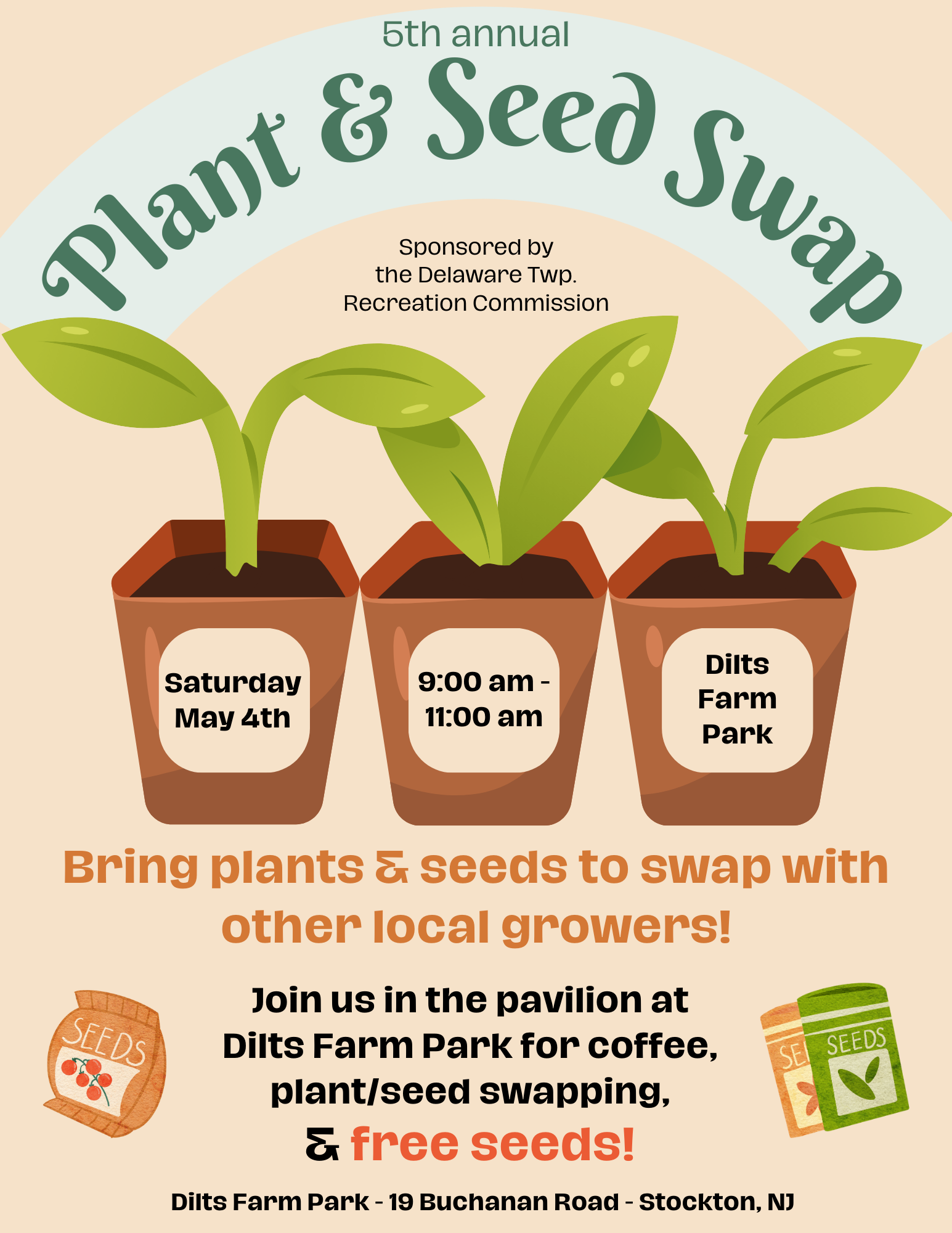 A plant and seed swap event flyer with a tan background and 3 cartoon images of plants in pots in the center. Details about the event are above and below the plants in text.