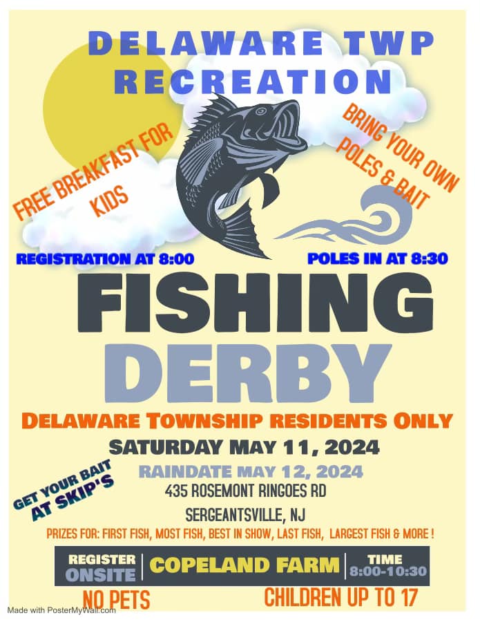 A fishing Derby flyer. There is a cartoon image of clouds and a sun with a fish jumping up between them. The background is light yellow and details about the event adorn the flyer in various colored text.