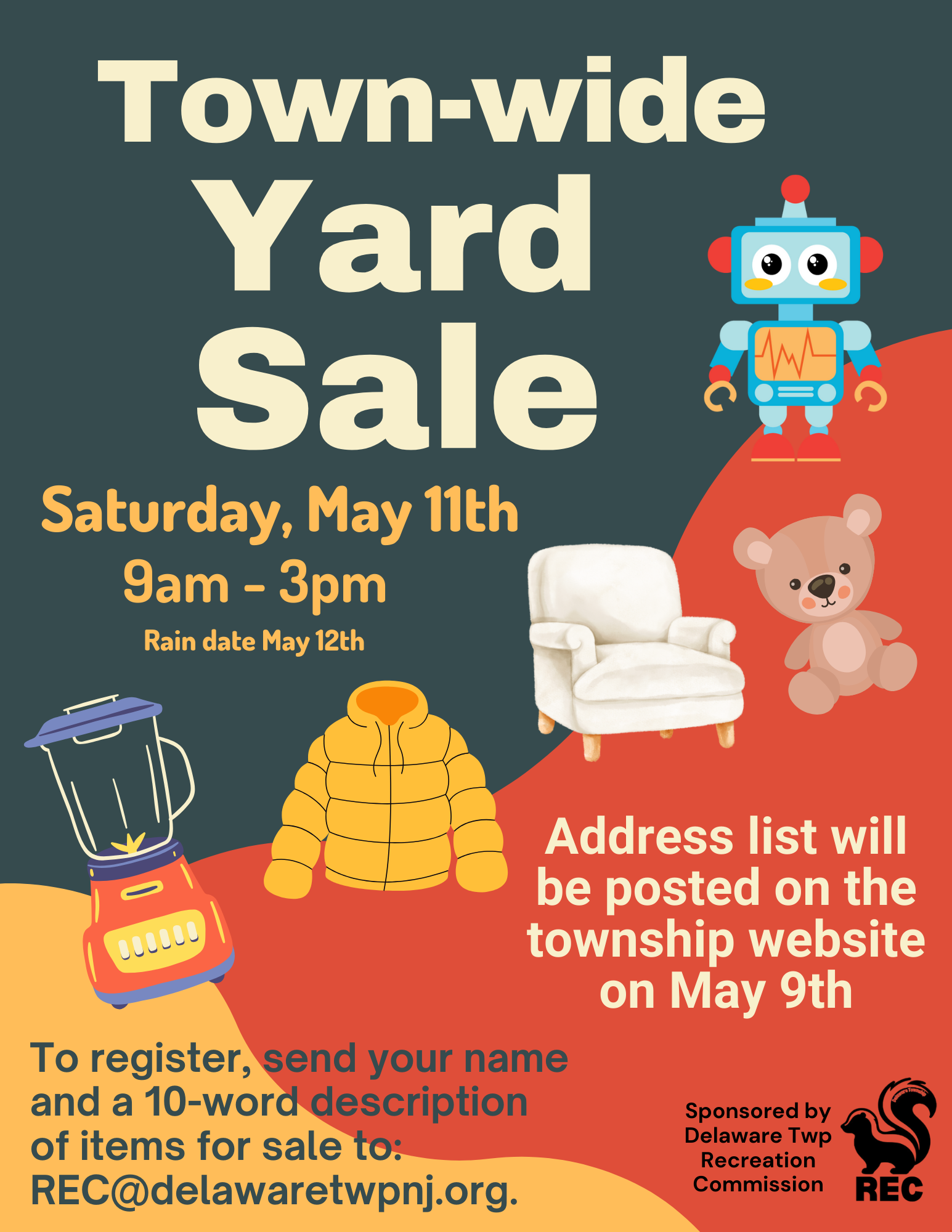 Town wide Yard sale flyer with a multi color background and clip art images of a toy robot, teddy bear, arm chair, puffer coat, and blender. 